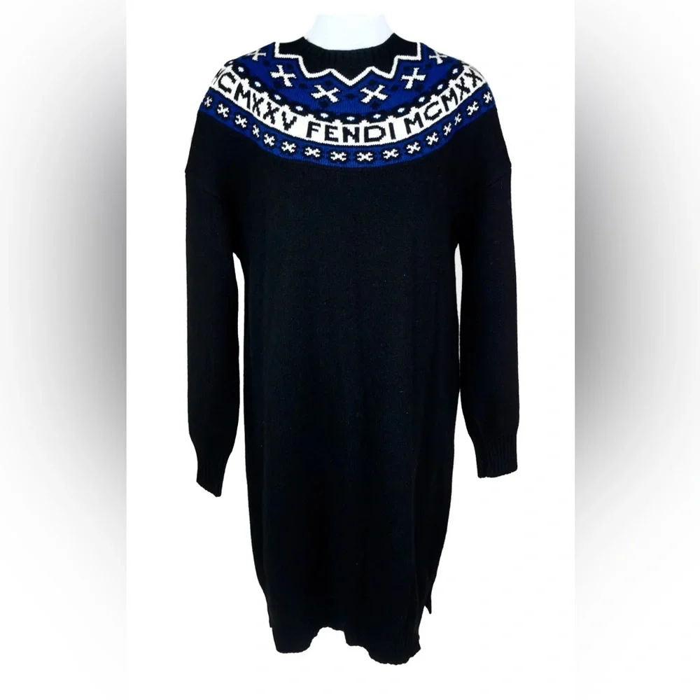 FENDI Black Fair Isle Wool Cashmere Knit Sweater Dress Size 42 It, 6 US - Picture 2 of 9